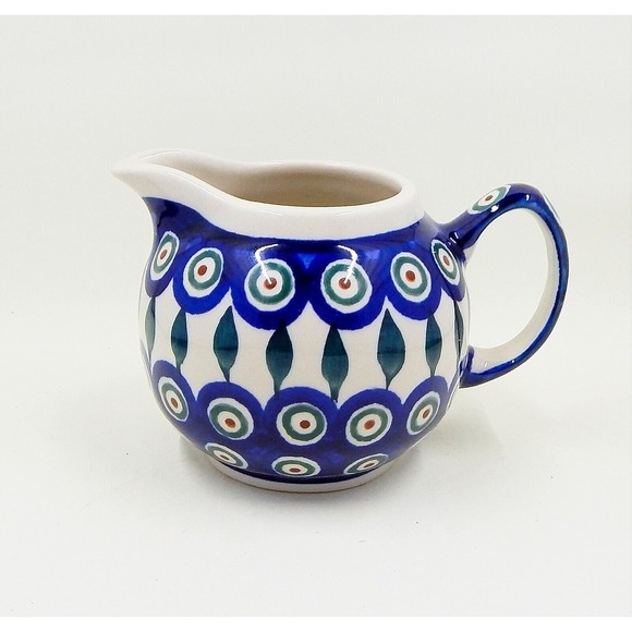 Zaklady Boleslaweic Polish Pottery Peacock Feather Bubble Creamer Pitcher Jug - Picture 3 of 10